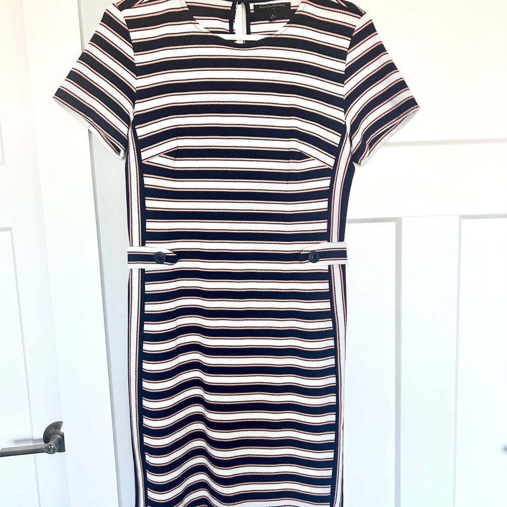 Banana Republic White and Blue Sheath Midi Dress